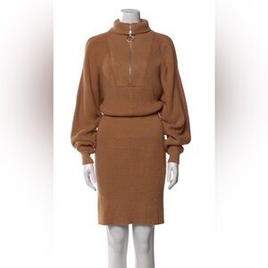 STAUD Camel Ribbed Knit Zip-Front Sweater Dress